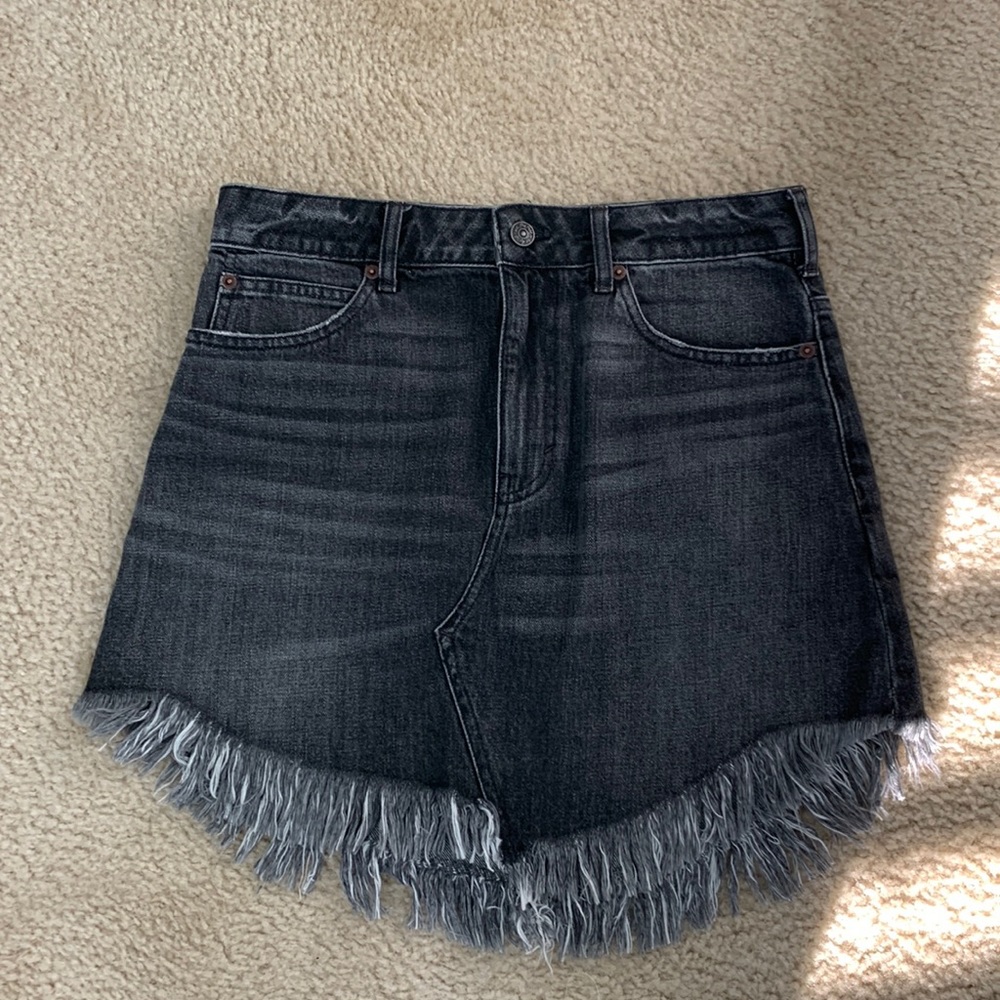 Free People Black Denim Fringe Skirt